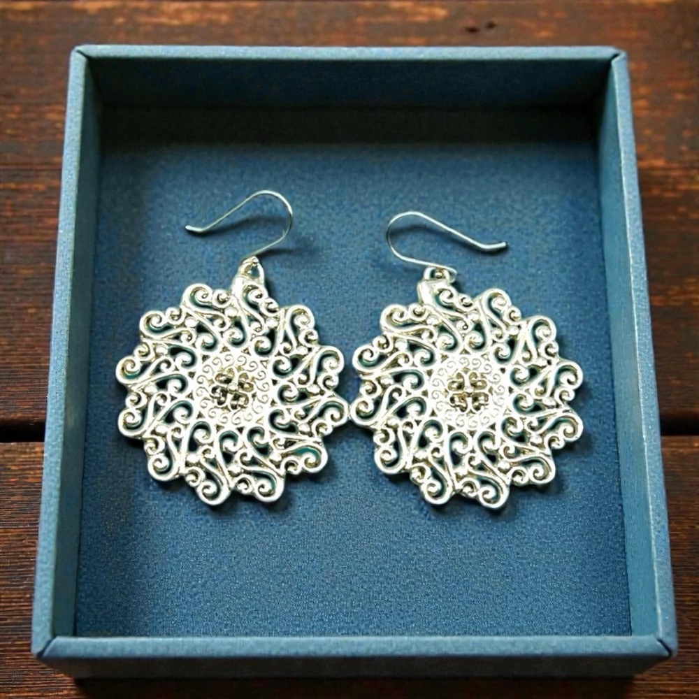 Signed 925 Sterling Silver Israel Large Round Filigree Mandala Drop Earrings